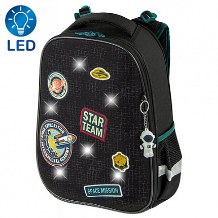 Ранец BRAUBERG PREMIUM, 2 отделения, с брелком, "Space mission", LED ЛАМПОЧКИ, 38х29х16 см, 270599