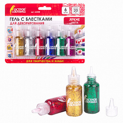 Гель с блестками ОСТРОВ СОКРОВИЩ, для декора, поделок, DIY, творчества, оформления, 6 ярких цветов по 20 мл, блистер, 662258
