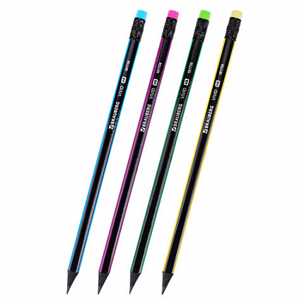 Карандаш чернографитный BRAUBERG "VIVID", 1 шт., HB, с ластиком, корпус ассорти, 181756