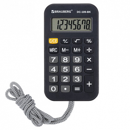 Калькулятор карманный со шнурком BRAUBERG DC-109-BK (61x110 мм), 8 разрядов, ЧЕРНЫЙ, 272642