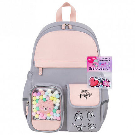 Рюкзак BRAUBERG PASTEL с термонашивками в комплекте, "Sweet paws", серый, 40х29х14 см, 272064