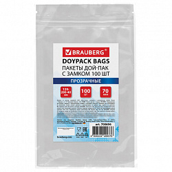 Пакет Дой-Пак с замком ZIP LOCK, прозрачный 120 х 200 + 40 мм, 100 штук 70 мкм, BRAUBERG, 700696