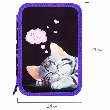 Пенал BRAUBERG, 3 отделения, полиэстер, 21х14 см, "Спящий котенок", 273538