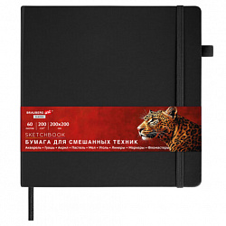 Скетчбук для смешанных техник MixMedia, 200 г/м2, 200х200 мм, 60 л., КОЖЗАМ, резинка, BRAUBERG ART CLASSIC, 116970
