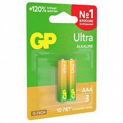 Батарейки КОМПЛЕКТ 2 шт., GP Ultra G-Tech, AAA (LR03, 24А), алкалиновые, мизинчиковые, 24AUA21-2CRSBC2