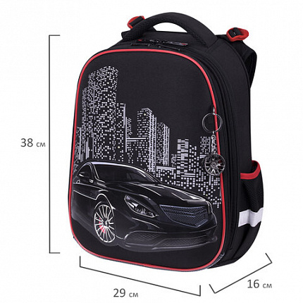 Ранец BRAUBERG PREMIUM, 2 отделения, с брелком, "Ночь в центре", ЛАМПОЧКИ, 38х29х16 см, 271356