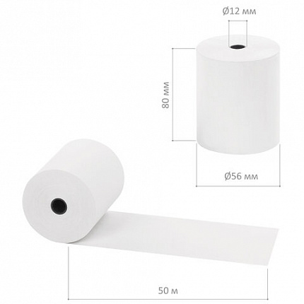 Чековая лента ТЕРМОБУМАГА 80 мм (диаметр 56-65 мм, длина 50 м, втулка 12 мм), КОМПЛЕКТ 6 шт., 44 г/м2, STAFF, 111954