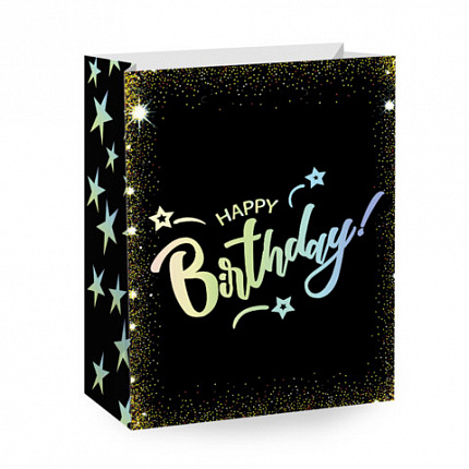 Пакет подарочный (1 штука) 18х10х23см (M) "Happy Birthday", ассорти, глиттер, фольга, ЗОЛОТАЯ СКАЗКА, 700806