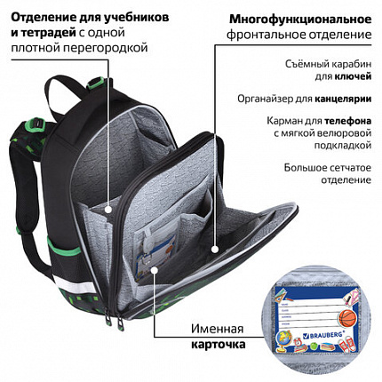 Ранец BRAUBERG PREMIUM, 2 отделения, с брелоком, "Кибер-паук", ЛАМПОЧКИ, 38х29х16 см, 273101