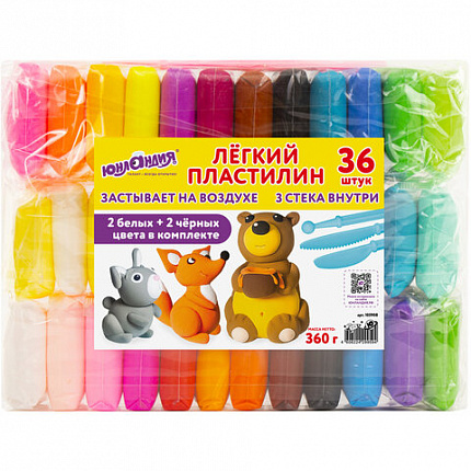 Пластилин супер лёгкий воздушный 36 шт (32 цвета +2 белых + 2 черных) 360 г, 3 стека, ЮНЛАНДИЯ, 105908