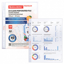 Папки-файлы перфорированные А4 BRAUBERG "PREMIUM", КОМПЛЕКТ 100 шт., матовые, 40 мкм, 273008