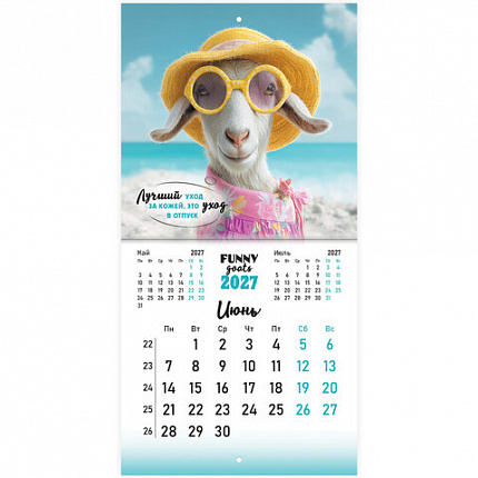 Календарь настенный перекидной 2027 г., BRAUBERG, 12 листов, 21,4х21,4 см, МИНИ, "Funny goats", 118432