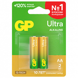 Батарейки КОМПЛЕКТ 2 шт., GP Ultra G-Tech, AA (LR6,15А), алкалиновые, пальчиковые, 15AUA21-2CRSBC2