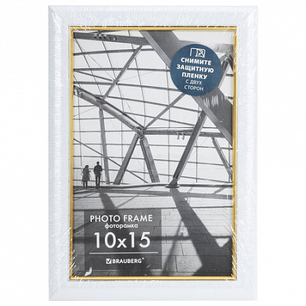 Рамка 10х15 см небьющаяся, багет 14,6 мм, пластик, BRAUBERG "Original Line", белая/золото, 391235