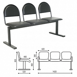 Кресло для посетителей трехсекционное "Тройка", 840х1420х510 мм, черный каркас, черный кожзам, СМ 91-03 К01