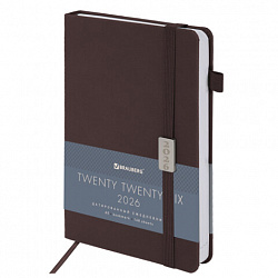 Ежедневник датированный 2026, А5, 138x213 мм, BRAUBERG "Control", под кожу, держатель для ручки, коричневый, 117122
