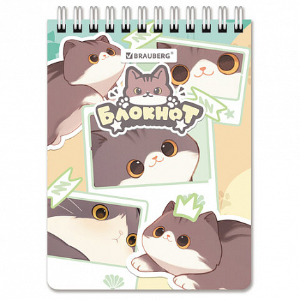 Блокнот МАЛЫЙ ФОРМАТ А6 108х145 мм, 60 л., гребень, картон, клетка, кросс-серия "МИЛЫЕ КОТЫ", BRAUBERG, 116987