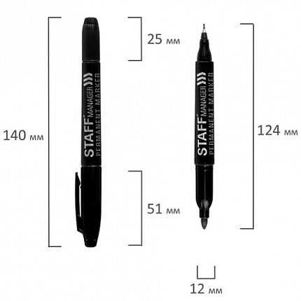 Маркер перманентный двусторонний STAFF "Manager" PM-625, ЧЕРНЫЙ, наконечники 0,8 мм / 2,2 мм, 151625
