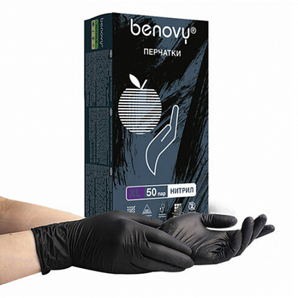 Перчатки нитриловые смотровые 50 пар (100 штук), размер 9-10, XL (очень большой), черные, BENOVY MultiColor