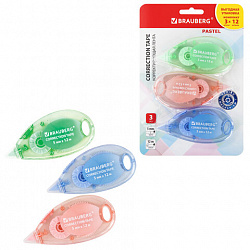 Корректирующая лента BRAUBERG PASTEL, 5 мм x 12 м, механизм перемотки, ВЫГОДНАЯ УПАКОВКА 3 штуки в блистере, 271252