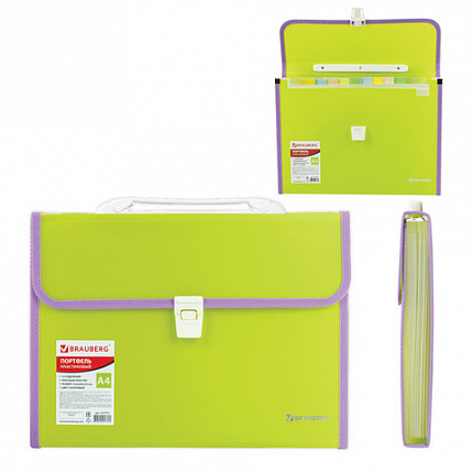 Папка-портфель пластиковая BRAUBERG "JOY", А4 (330х245х35 мм), 13 отделений, с окантовкой, салатовая, 227974