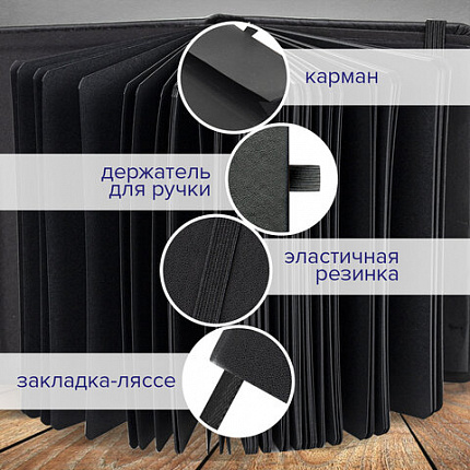 Скетчбук, черная бумага 140 г/м2 130х210 мм, 80 л., КОЖЗАМ, резинка, карман, BRAUBERG ART, черный, 113203