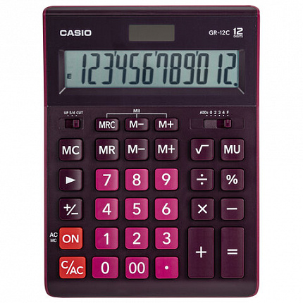 Калькулятор настольный CASIO GR-12С-WR (210х155 мм), 12 разрядов, двойное питание, БОРДОВЫЙ, GR-12C-WR-W-EP