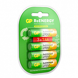 Батарейки аккумуляторные GP ReEnergy Ni-Mh КОМПЛЕКТ 4 шт. (ПРОМО 3+1), АА (HR6), 2600 mAh, 270AAHC3/1RGY, 270AAHC3/1RGY-2