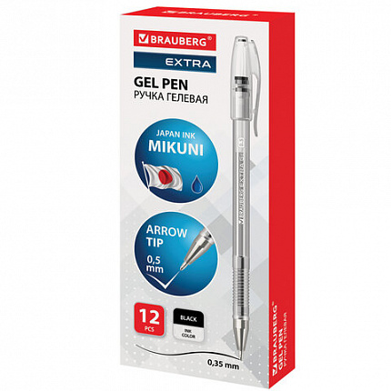 Ручка гелевая BRAUBERG "EXTRA", ЧЕРНАЯ, корпус прозрачный, узел 0,5 мм, линия 0,35 мм, 143900