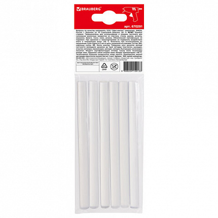 Клеевые стержни, диаметр 7 мм, длина 100 мм, прозрачные, комплект 6 шт., BRAUBERG, европодвес, 670291