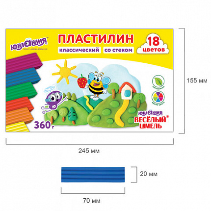 Пластилин классический ЮНЛАНДИЯ "ВЕСЁЛЫЙ ШМЕЛЬ", 18 цветов, 360 грамм, стек, ВЫСШЕЕ КАЧЕСТВО, 106432