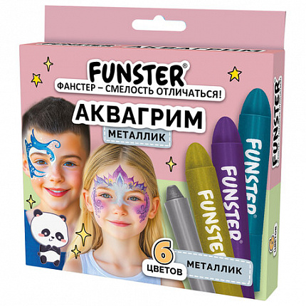 Аквагрим для лица и тела 6 цветов МЕТАЛЛИК, FUNSTER, легко смываются, 192574