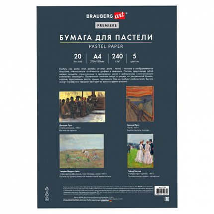 Бумага для пастели АБРАЗИВНАЯ А4 в папке, 20 листов 5 цветов, 240 г/м2, BRAUBERG ART, 117763