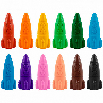 Восковые мелки фигурные BRAUBERG KIDS "РАКЕТА", НАБОР 12 цветов + НАКЛЕЙКИ В ПОДАРОК, 273082