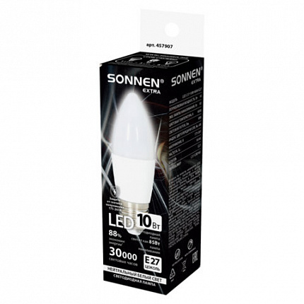 Лампа светодиодная SONNEN EXTRA, 10 (85) Вт, Е27, свеча, нейтральный белый, 30000 ч, LED C37-10W-4000-Е27, 457907
