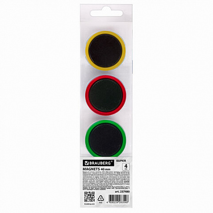 Магниты МОЩНЫЕ 40 мм (БОЛЬШОГО ДИАМЕТРА), НАБОР 4 шт., ассорти, BRAUBERG "SUPER", 237480