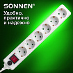 Сетевой фильтр SONNEN U-363, 6 розеток, с заземлением, выключатель, 10 А, 3 м, белый, 511426