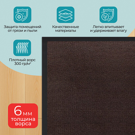 Коврик придверный 90х150 см, КОРИЧНЕВЫЙ, влаго-грязезащитный, 300 г/м2, рубчик, PRIMILA (ПРИМИЛА) STANDARD, 701017