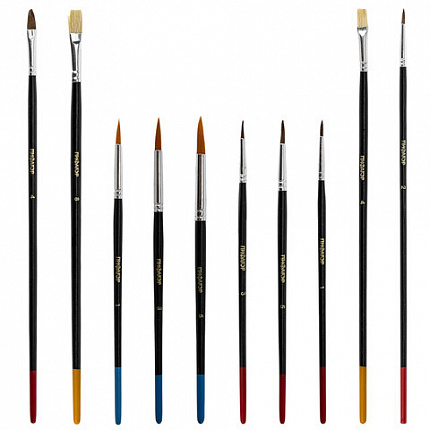 Кисти ПИФАГОР, набор 10 шт. (ПОНИ: плоская № 4, круглые № 1, 2, 3, 5; СИНТЕТИКА: круглые № 1, 3, 5; ЩЕТИНА: плоские № 4, 8), блистер, 200505