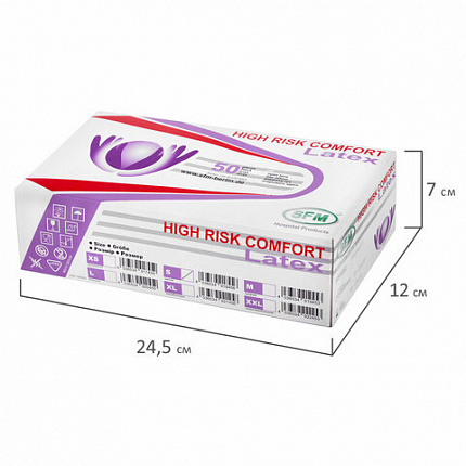 Перчатки латексные смотровые особо прочные SFM HIGH RISK COMFORT, Германия, 25 пар (50 штук), размер 6-7, S (малый)