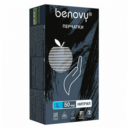 Перчатки нитриловые смотровые 50 пар (100 штук), размер 8-9, L (большой), черные, BENOVY MultiColor, ЧЗ