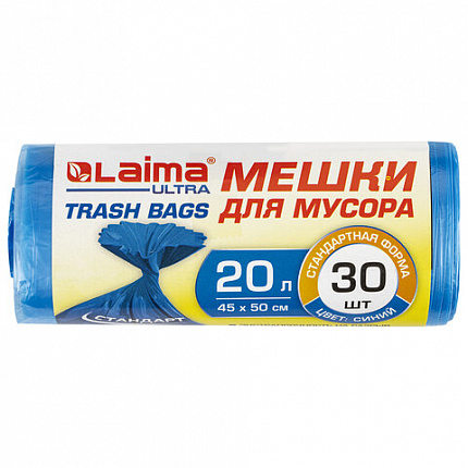 Мешки для мусора LAIMA "ULTRA" 20 л синие, в рулоне 30 шт. прочные, ПНД 10 мкм, 45х50 см, 607682