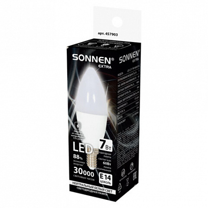Лампа светодиодная SONNEN EXTRA, 7 (60) Вт, Е14, свеча, нейтральный белый, 30000 ч, LED C37-7W-4000-Е14, 457903