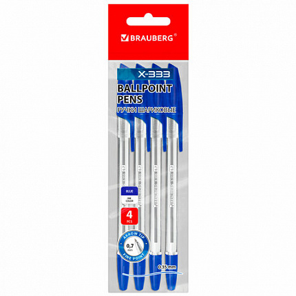 Ручки шариковые BRAUBERG "X-333", СИНИЕ, НАБОР 4 шт., узел 0,7 мм, линия 0,35 мм, 144253