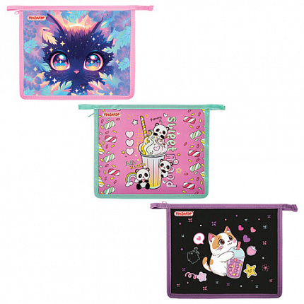 Папка для тетрадей ПИФАГОР А5, 1 отделение, пластик, на молнии, АССОРТИ для девочек, 274522