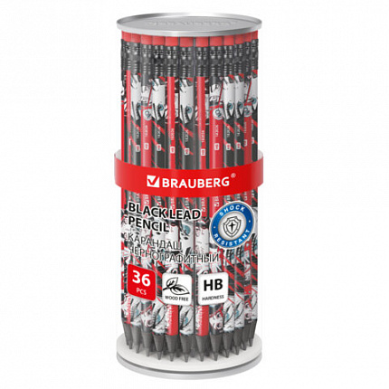 Карандаш чернографитный с принтом BRAUBERG "RED ANIME", 1 шт, HB, с ластиком, корпус ассорти, 182026