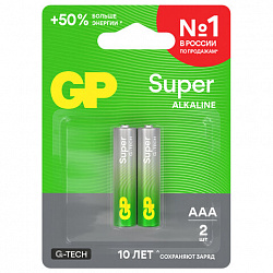 Батарейки КОМПЛЕКТ 2 шт., GP Super G-Tech, AAA (LR03, 24А), алкалиновые, мизинчиковые, блистер, 24A-2, 24A-2CR2