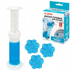 Диски гелевые, освежитель и очиститель для унитаза / писсуара, 8 дисков 44 г, LAIMA, "Океан", шприц, 609796