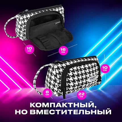 Пенал-косметичка BRAUBERG с ручкой, 1 откидная планка, полиэстер, 22x10х8 см, "Гусиная лапка", 271560