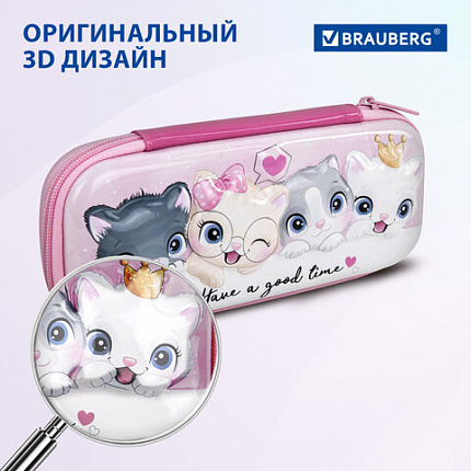 Пенал BRAUBERG, 1 отделение, 1 откидная планка, ЭВА, 22х10х5 см, "Котята", 270700